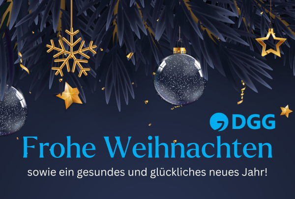 Tannenzweige mit Weihnachtskugeln und Sternen – Aufschrift "Frohe Weihnachten sowie ein gesundes und glückliches neues Jahr!"